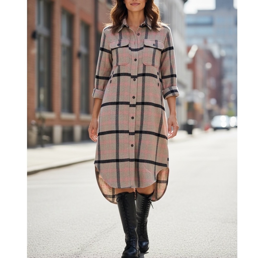 BIBI Women Pink Tan Plaid Shacket Dress Longline Flannel CurvedHem Small Cozy